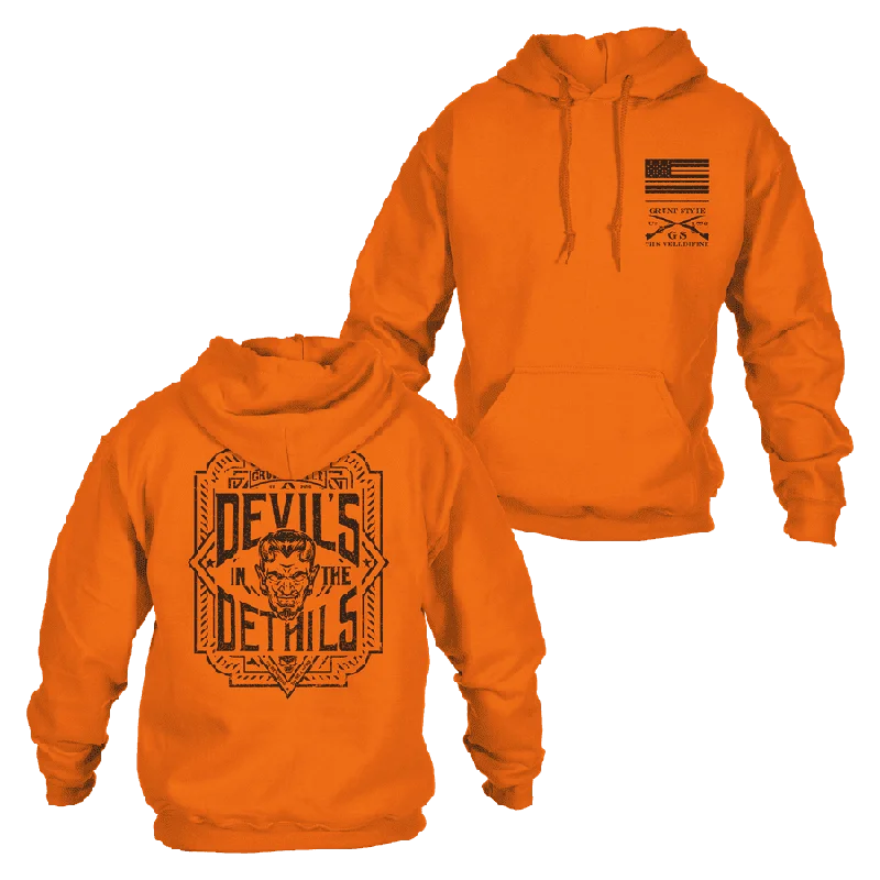 Men hoodie with a kangaroo pocket and ribbed cuffs Devils In The Details Hoodie - Safety Orange Men hoodie with a kangaroo pocket and ribbed cuffs Devils In The Details Hoodie - Safety Orange