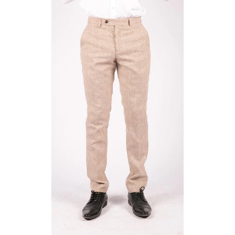 Mens Check Tweed Beige Brown Trousers Wedding Prom Vintage Retro Classic