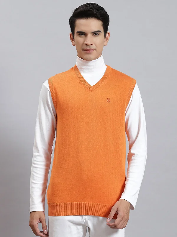 Men Orange Solid V Neck Sleeveless Sweaters/Pullovers