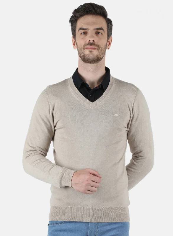 Men Beige Solid Pullover